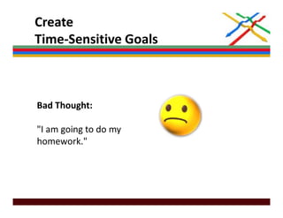 Create 
Time‐Sensitive Goals
Time‐Sensitive Goals



Bad Thought: 

"I am going to do my 
homework."
 