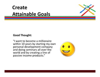 Create 
Attainable Goals
Attainable Goals


Good Thought: 
"I want to become a millionaire 
within 10 years by starting my...