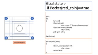 Goal state :-
if Pocket(red_coin)==true
pid=1
do
{ turn=pid
if(pocket(red))
return turn; // Return player number
if(pocket(white || black)
return turn;
pid=(pid+1)%4;
}while(true);
pocket(coin_color)
{
if(coin_color.position in R )
return true;
return false;
}
Carrom board
 