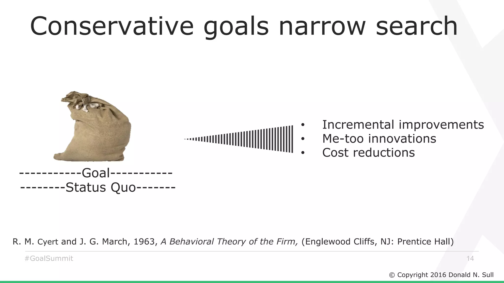 © Copyright 2016 Donald N. Sull
14#GoalSummit
R. M. Cyert and J. G. March, 1963, A Behavioral Theory of the Firm, (Englewood Cliffs, NJ: Prentice Hall)
Conservative goals narrow search
•  Incremental improvements
•  Me-too innovations
•  Cost reductions
-----------Goal-----------
--------Status Quo-------
 