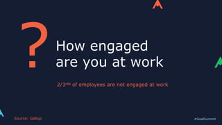 #GoalSummit
How engaged
are you at work?2/3rds of employees are not engaged at work
Source: Gallup
 