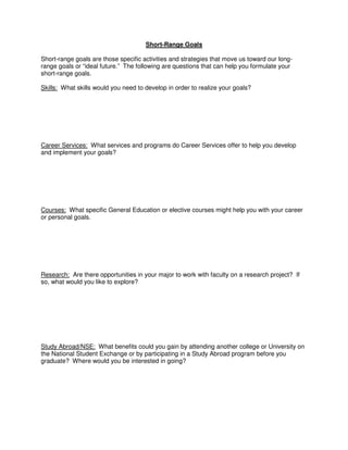 Short-Range Goals

Short-range goals are those specific activities and strategies that move us toward our long-
range goals or “ideal future.” The following are questions that can help you formulate your
short-range goals.

Skills: What skills would you need to develop in order to realize your goals?




Career Services: What services and programs do Career Services offer to help you develop
and implement your goals?




Courses: What specific General Education or elective courses might help you with your career
or personal goals.




Research: Are there opportunities in your major to work with faculty on a research project? If
so, what would you like to explore?




Study Abroad/NSE: What benefits could you gain by attending another college or University on
the National Student Exchange or by participating in a Study Abroad program before you
graduate? Where would you be interested in going?
 