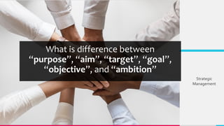 What is difference between
“purpose”, “aim”, “target”, “goal”,
“objective”, and “ambition”
Strategic
Management
 