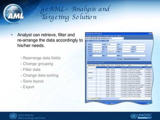 Analyst can retrieve, filter and  re-arrange the data accordingly to his/her needs. - Rearrange data fields - Change grouping - Filter data - Change data sorting - Save layout - Export goAML – Analysis and  Targeting Solution 