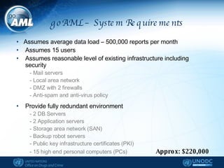 goAML – System Requirements  •   Assumes average data load – 500,000 reports per month Assumes 15 users Assumes reasonable level of existing infrastructure including security - Mail servers - Local area network - DMZ with 2 firewalls - Anti-spam and anti-virus policy Provide fully redundant environment - 2 DB Servers - 2 Application servers - Storage area network (SAN) - Backup robot servers - Public key infrastructure certificates (PKI) - 15 high end personal computers (PCs)   Approx: $220,000     
