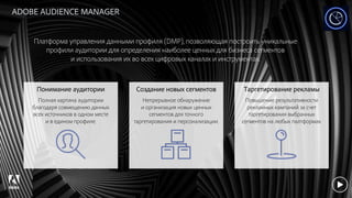 © 2017 Adobe Systems Incorporated. All Rights Reserved. Adobe Confidential.
ADOBE AUDIENCE MANAGER
Платформа управления данными профиля (DMP), позволяющая построить уникальные
профили аудитории для определения наиболее ценных для бизнеса сегментов
и использования их во всех цифровых каналах и инструментах.
Понимание аудитории
Полная картина аудитории
благодаря совмещению данных
всех источников в одном месте
и в едином профиле.
Создание новых сегментов
Непрерывное обнаружение
и организация новых ценных
сегментов для точного
таргетирования и персонализации.
Таргетирование рекламы
Повышение результативности
рекламных кампаний за счет
таргетирования выбранных
сегментов на любых палтформах.
 