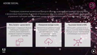© 2017 Adobe Systems Incorporated. All Rights Reserved. Adobe Confidential.
ADOBE SOCIAL
Платформа управления активностью бренда в соцсетях, позволяющая привязать все действия
к финансовым показателям. В отличие от банального подсчета лайков и последователей, это инструмент
управления глубокими взаимосвязями между сантиментом клиентов и задачами вашего бизнеса.
Признаки Social в AMC
Используйте признаки из Social
в других решениях Adobe Marketing
Cloud для лучшего таргетирования
и оптимизации опыта клиентов.
Измерение вклада Social
Автоматическое добавление кодов
отслеживания к контенту в Social
для идентификации постов,
которые ведут к росту
вовлечения и конверсии.
Весь Social в одном месте
Мониторинг и модерация общения,
публикация и продвижение
контента, анализ вовлечения и
конверсии в едином интерфейсе,
доступном на устройствах.
 
