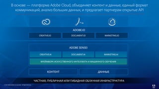 © 2016 Adobe Systems Incorporated. All Rights Reserved.
В основе — платформа Adobe Cloud, объединяет контент и данные, единый формат
коммуникаций, анализ больших данных, и предлагает партнерам открытые API
ADOBE.IO
CREATIVE.IO DOCUMENT.IO MARKETING.IO
ЧАСТНАЯ, ПУБЛИЧНАЯ ИЛИ ГИБИДНАЯ ОБЛАЧНАЯ ИНФРАСТРУКТУРА
ADOBE SENSEI
КОНТЕНТ ДАННЫЕ
ФРЕЙМВОРК ИСКУССТВЕННОГО ИНТЕЛЛЕКТА И МАШИННОГО ОБУЧЕНИЯ
CREATIVE.AI DOCUMENT.AI MARKETING.AI
 