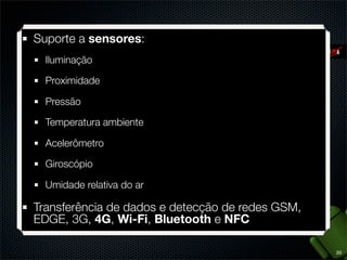 Quem está por trás do Android?
Grupo de 84
empresas:

www.openhandsetalliance.com
http://www.youtube.com/watch?v=7Y4thikv-OM
11

 