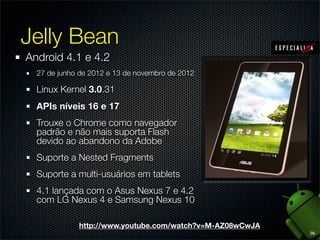 Application Framework:
Camada que expõe diversos serviços e funcionalidades do
Android que o programador em geral faz uso em seus
aplicativos

Applications:
Camada toplevel onde ﬁcam os aplicativos. Uns são fornecidos
com o aparelho (como o discador, contatos, browser...)

27

 