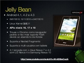 Jelly Bean
Android 4.1, 4.2 e 4.3
09/07/2012, 13/11/2012 e 24/07/2013

Linux Kernel 3.0.31
APIs níveis 16, 17 e 18
Trouxe o Chrome como navegador
padrão e não mais suporta Flash
devido ao abandono da Adobe
Suporte a Nested Fragments
Suporte a multi-usuários em tablets
4.1 lançada com o Asus Nexus 7 e 4.2
com LG Nexus 4 e Samsung Nexus 10
http://www.youtube.com/watch?v=M-AZ08wCwJA
38

 