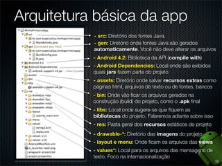 Arquitetura básica da app
           - src: Diretório dos fontes Java.
           - gen: Diretório onde fontes Java são gerados
           automaticamente. Você não deve alterar os arquivos
           - Android 4.2: Biblioteca da API (compile with)
           - Android Dependencies: Local onde são exibidos
           quais jars fazem parte do projeto
           - assets: Diretório onde salvar recursos extras como
           páginas html, arquivos de texto ou de fontes, bancos
           - bin: Onde vão ﬁcar os arquivos gerados na
           construção (build) do projeto, como o .apk ﬁnal
           - libs: Local onde sugere-se que ﬁquem as
           bibliotecas do projeto. Falaremos adiante sobre isso
           - res: Pasta geral dos recursos estáticos do projeto
           - drawable-*: Diretório das imagens do projeto
           - layout e menu: Onde ﬁcam os arquivos das views
           - values*: Local para os arquivos das mensagens de
           texto. Foco na internacionalização
                                                                  12
 