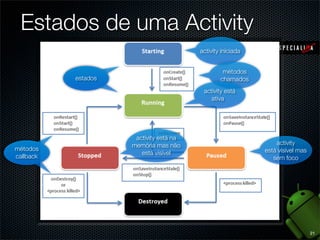 Estados de uma Activity
                                         activity iniciada


                                                  métodos
           estados                               chamados
                                          activity está
                                             ativa




                      activity está na
                     memória mas não                             activity
métodos                                                      está visível mas
                        está visível
callback                                                        sem foco




                                                                                21
 