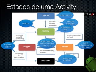 Estados de uma Activity
                                         activity iniciada


                                                  métodos
           estados                               chamados
                                          activity está
                                             ativa




                      activity está na
                     memória mas não                             activity
métodos                                                      está visível mas
                        está visível
callback                                                        sem foco




                                             activity está
                                             encerrada



                                                                                21
 