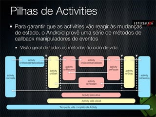 Pilhas de Activities
        Para garantir que as activities vão reagir às mudanças
        de estado, o Android provê uma série de métodos de
        callback manipuladores de eventos
            Visão geral de todos os métodos do ciclo de vida

                   activity                                            activity
            onRestoreIntanceState                                 onSaveIntanceState
                                                    activity                                activity
                                                  onResume                                 onPause
                                    activity                                                           activity
                                    onStart                                                            onStop
 activity                                                                                                          activity
oncreate                                                                                                          onDestroy
                                                                         activity
                                                                        onRestart



                                                                   Activity está ativa

                                                                   Activity está visível

                                               Tempo de vida completo da Activity
                                                                                                                              22
 