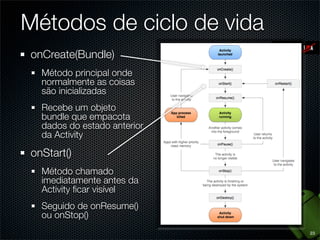 Métodos de ciclo de vida
onCreate(Bundle)
  Método principal onde
  normalmente as coisas
  são inicializadas
  Recebe um objeto
  bundle que empacota
  dados do estado anterior
  da Activity

onStart()
  Método chamado
  imediatamente antes da
  Activity ﬁcar visível
  Seguido de onResume()
  ou onStop()
                             23
 