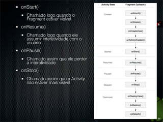 onStart()
  Chamado logo quando o
  Fragment estiver visível
onResume()
  Chamado logo quando ele
  assumir interatividade com o
  usuário
onPause()
  Chamado assim que ele perder
  a interatividade
onStop()
  Chamado assim que a Activity
  não estiver mais visível




                                 64
 