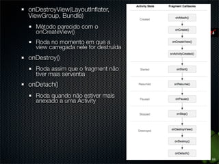 onDestroyView(LayoutInﬂater,
ViewGroup, Bundle)
  Método parecido com o
  onCreateView()
  Roda no momento em que a
  view carregada nele for destruída
onDestroy()
  Roda assim que o fragment não
  tiver mais serventia
onDetach()
  Roda quando não estiver mais
  anexado a uma Activity




                                      65
 