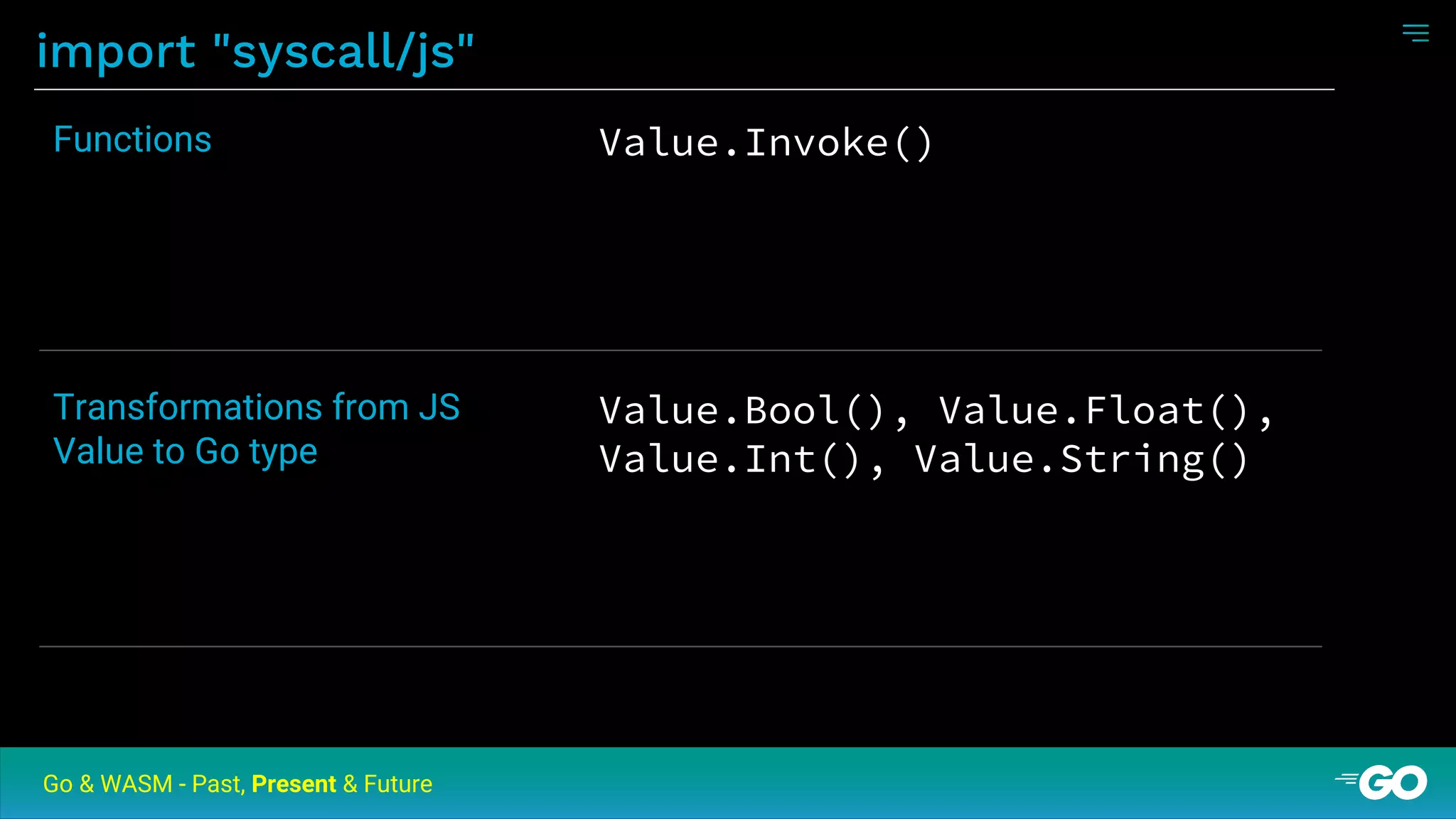 import "syscall/js"
Go & WASM - Past, Present & Future
Value.Invoke()Functions
Value.Bool(), Value.Float(),
Value.Int(), Value.String()
Transformations from JS
Value to Go type
 