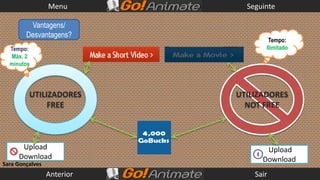 Menu         Seguinte

         Vantagens/
        Desvantagens?
                                    Tempo:
  Tempo:                           Ilimitado
  Máx. 2
  minutos



         UTILIZADORES       UTILIZADORES
              FREE            NOT FREE



      Upload                       Upload
     Download                     Download
Sara Gonçalves
                 Anterior       Sair
 