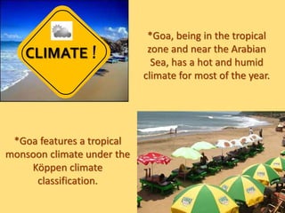 *Goa features a tropical
monsoon climate under the
Köppen climate
classification.
CLIMATE !
*Goa, being in the tropical
zone and near the Arabian
Sea, has a hot and humid
climate for most of the year.
 