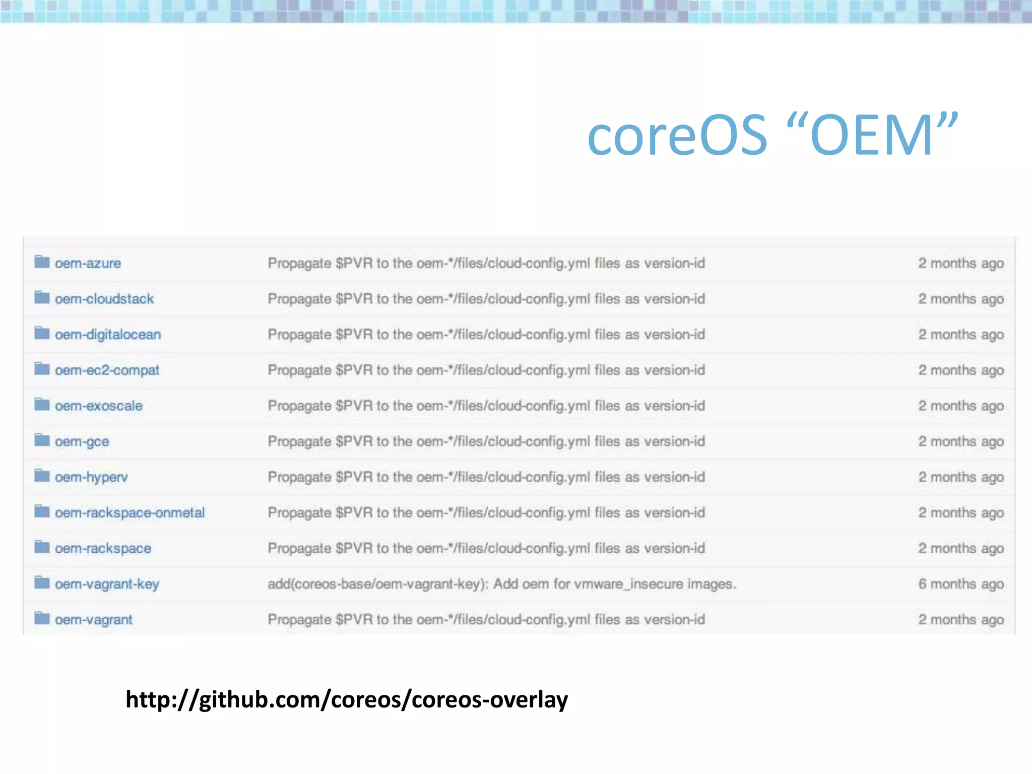 coreOS “OEM”
http://github.com/coreos/coreos-overlay
 