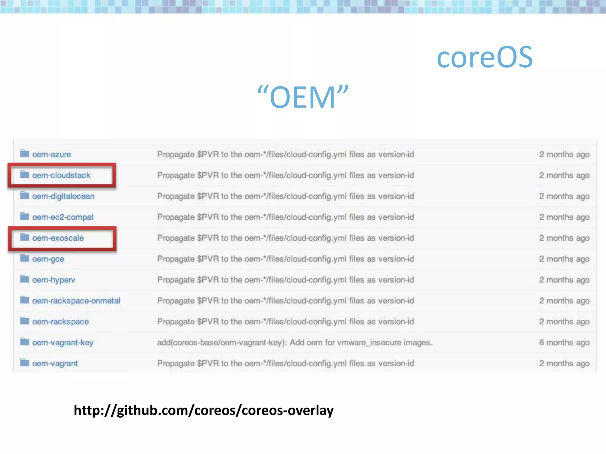 coreOS
“OEM”
http://github.com/coreos/coreos-overlay
 