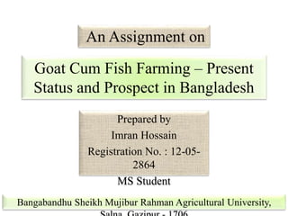 Goat Cum Fish Farming – Present
Status and Prospect in Bangladesh
Prepared by
Imran Hossain
Registration No. : 12-05-
2864
MS Student
An Assignment on
Bangabandhu Sheikh Mujibur Rahman Agricultural University,
 