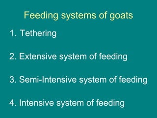 Feeding systems of goats
1. Tethering
2. Extensive system of feeding
3. Semi-Intensive system of feeding
4. Intensive system of feeding
 