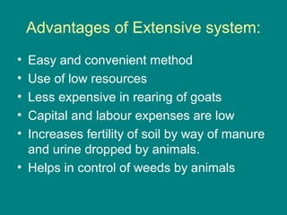 Advantages of Extensive system:
• Easy and convenient method
• Use of low resources
• Less expensive in rearing of goats
• Capital and labour expenses are low
• Increases fertility of soil by way of manure
and urine dropped by animals.
• Helps in control of weeds by animals
 