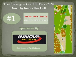 #1
Title Sponsor of The Challenge
The Challenge at Goat Hill Park - 2020
Driven by Innova Disc Golf
Red Tee – 450 ft. – Par 4 (-2)
White Tee – 802 ft. – Par 4 (-7)
 