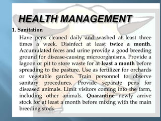 HEALTH MANAGEMENT
1. Sanitation
Have pens cleaned daily and washed at least three
times a week. Disinfect at least twice a month.
Accumulated feces and urine provide a good breeding
ground for disease-causing microorganisms. Provide a
lagoon or pit to store waste for at least a month before
spreading to the pasture. Use as fertilizer for orchards
or vegetable garden. Train personnel to observe
sanitary procedures. Provide separate pens for
diseased animals. Limit visitors coming into the farm,
including other animals. Quarantine newly arrive
stock for at least a month before mixing with the main
breeding stock.

 