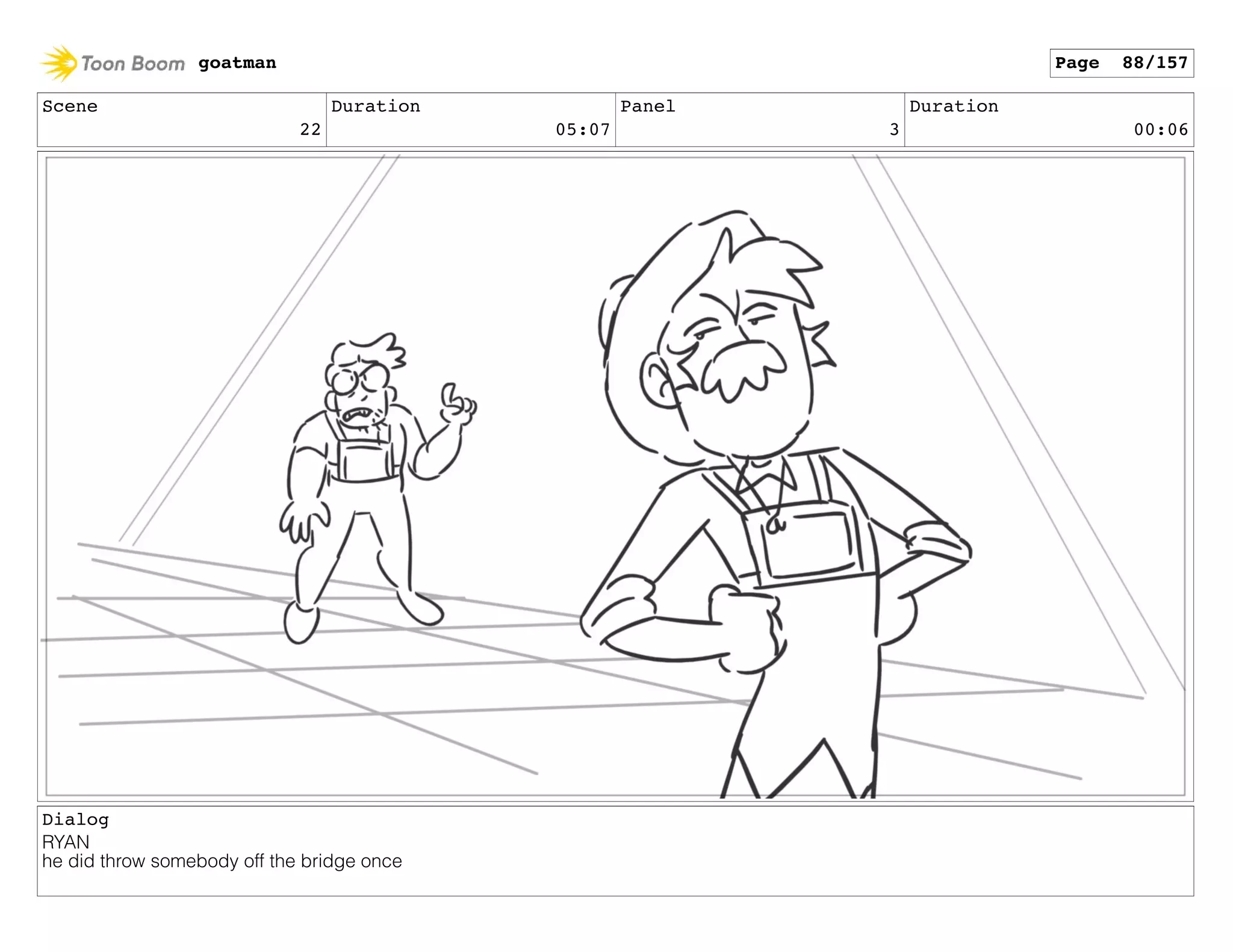 Scene
22
Duration
05:07
Panel
3
Duration
00:06
Dialog
RYAN
he did throw somebody off the bridge once
goatman Page 88/157
 