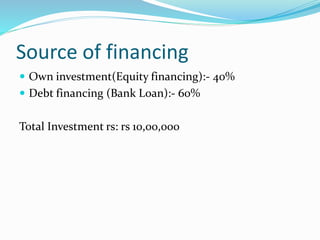 Source of financing
 Own investment(Equity financing):- 40%
 Debt financing (Bank Loan):- 60%
Total Investment rs: rs 10,00,000
 