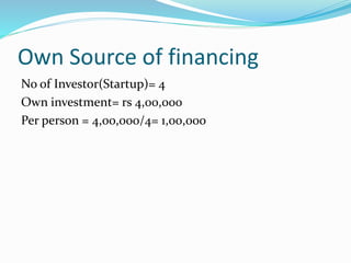 Own Source of financing
No of Investor(Startup)= 4
Own investment= rs 4,00,000
Per person = 4,00,000/4= 1,00,000
 