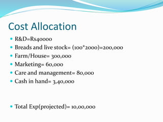Cost Allocation
 R&D=Rs40000
 Breads and live stock= (100*2000)=200,000
 Farm/House= 300,000
 Marketing= 60,000
 Care and management= 80,000
 Cash in hand= 3,40,000
 Total Exp(projected)= 10,00,000
 