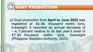 GOAT PRODUCTION
 Goat production from April to June 2022 was
registered at 𝟏𝟔. 𝟑𝟔 thousand metric tons,
liveweight. It recorded an annual decrease of
− 𝟔. 𝟕 percent relative to its last year’s level of
𝟏𝟕. 𝟓𝟑 thousand metric tons, liveweight
(Philippine Statistics Authority, 2022).
 