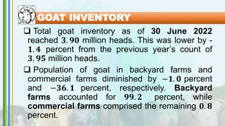 GOAT INVENTORY
 Total goat inventory as of 30 June 2022
reached 𝟑. 𝟗𝟎 million heads. This was lower by -
𝟏. 𝟒 percent from the previous year’s count of
𝟑. 𝟗𝟓 million heads.
 Population of goat in backyard farms and
commercial farms diminished by −𝟏. 𝟎 percent
and −𝟑𝟔. 𝟏 percent, respectively. Backyard
farms accounted for 𝟗𝟗. 𝟐 percent, while
commercial farms comprised the remaining 𝟎. 𝟖
percent.
 