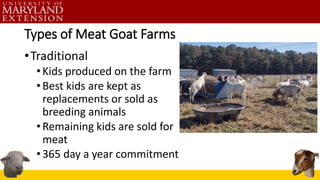 Types of Meat Goat Farms
•Traditional
•Kids produced on the farm
•Best kids are kept as
replacements or sold as
breeding animals
•Remaining kids are sold for
meat
•365 day a year commitment
 