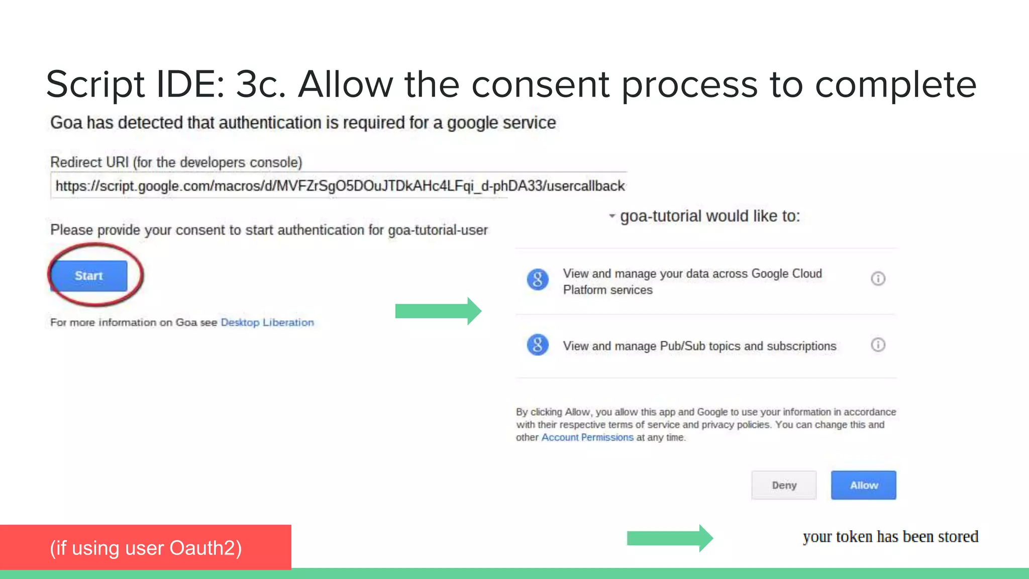 Script IDE: 3c. Allow the consent process to complete
(if using user Oauth2)
 