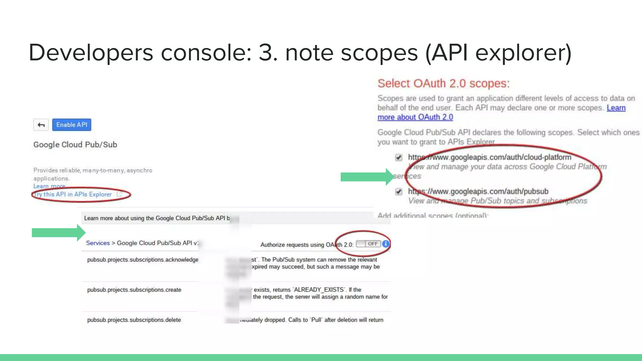 Developers console: 3. note scopes (API explorer)
 