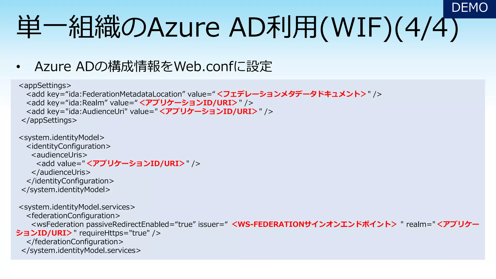 <appSettings>
<add key=“ida:FederationMetadataLocation” value=“＜フェデレーションメタデータドキュメント＞" />
<add key=“ida:Realm” value=“＜アプリケーションID/URI＞" />
<add key="ida:AudienceUri" value="＜アプリケーションID/URI＞" />
</appSettings>
<system.identityModel>
<identityConfiguration>
<audienceUris>
<add value="＜アプリケーションID/URI＞" />
</audienceUris>
</identityConfiguration>
</system.identityModel>
<system.identityModel.services>
<federationConfiguration>
<wsFederation passiveRedirectEnabled=“true” issuer=“ ＜WS-FEDERATIONサインオンエンドポイント＞ " realm="＜アプリケー
ションID/URI＞" requireHttps="true" />
</federationConfiguration>
</system.identityModel.services>
DEMO
 