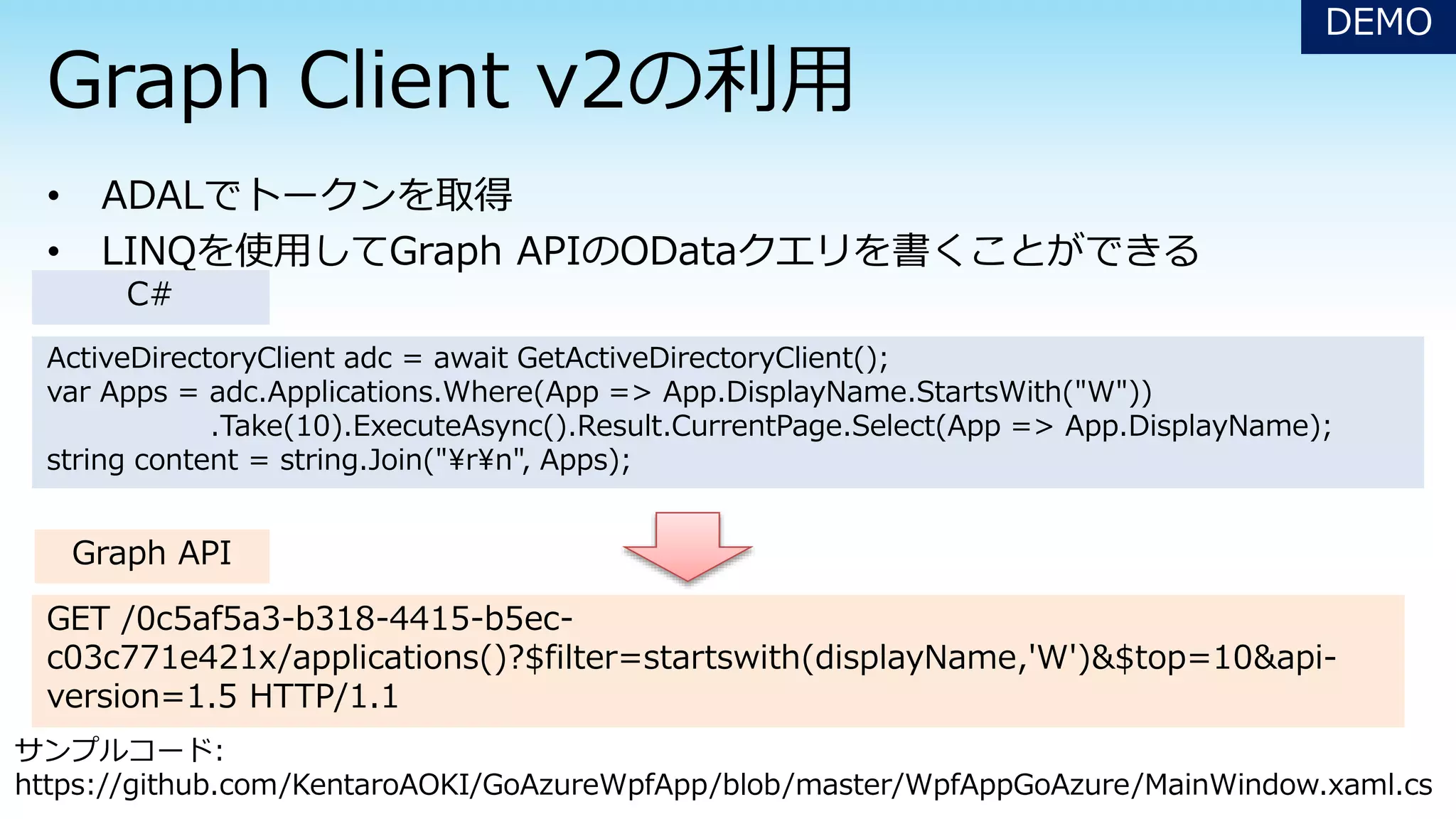 ActiveDirectoryClient adc = await GetActiveDirectoryClient();
var Apps = adc.Applications.Where(App => App.DisplayName.StartsWith("W"))
.Take(10).ExecuteAsync().Result.CurrentPage.Select(App => App.DisplayName);
string content = string.Join("rn", Apps);
DEMO
GET /0c5af5a3-b318-4415-b5ec-
c03c771e421x/applications()?$filter=startswith(displayName,'W')&$top=10&api-
version=1.5 HTTP/1.1
Graph API
C#
サンプルコード:
https://github.com/KentaroAOKI/GoAzureWpfApp/blob/master/WpfAppGoAzure/MainWindow.xaml.cs
 