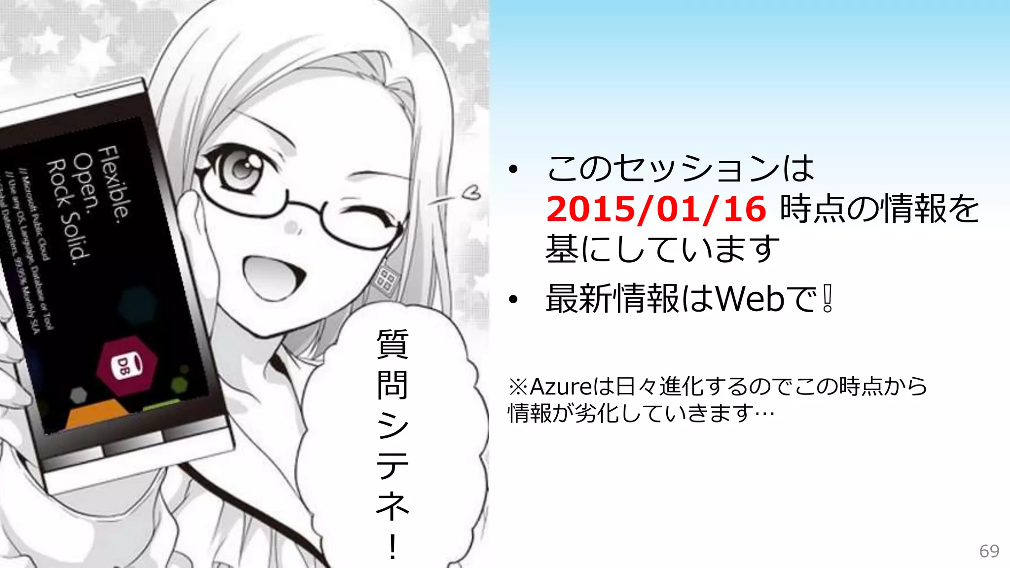 69
• このセッションは
2015/01/16 時点の情報を
基にしています
• 最新情報はWebで❕
※Azureは日々進化するのでこの時点から
情報が劣化していきます…
質
問
シ
テ
ネ
！
 