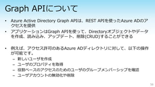 – 新しいユーザを作成
– ユーザのプロパティを取得
– 役割ベースのアクセスのためのユーザのグループメンバーシップを確認
– ユーザアカウントの無効化や削除
56
 