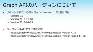 – Version 1.5
– Version 2013-11-08
– Version 2013-04-05
– https://graph.windows.net/vividwave.net?api-version=1.5
– https://graph.windows.net/vividwave.net?api-version=2013-11-08
 