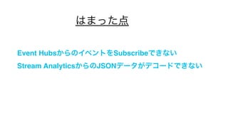 Event HubsΥ٥ȤSubscribeǤʤ
ΥƥͬPythonSubscribeRedisSETФ
ƤQpid-ProtonʹäƤEvent HubsؽӾAФ
(ԭϿ֤餯ConsumerGroupPartitionָβ)
AMQPǤDirect ConnectΈϤϥѩ`ƥ󚰤˥ͥ
򏈤Ҫ浹ʤΤǡEventProcessorHost classäƽӾA
ȫȻS
Ϥޤä
Stream AnalyticsJSONǩ`ǥ`ɤǤʤ
JSONָȥꥹͤǳ뤬ιʤꥹȤ]
ƤʤJSONΥǥ`ɤʧ롣
ΤȤԭʼĤǤ
var listObject = DynamicJSON.Parse(string.Format({0}], data));
 