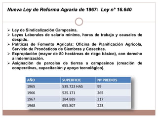  Ley de Sindicalización Campesina.
 Leyes Laborales de salario mínimo, horas de trabajo y causales de
despido.
 Políticas de Fomento Agrícola: Oficina de Planificación Agrícola,
Servicio de Pronósticos de Siembras y Cosechas.
 Expropiación (mayor de 80 hectáreas de riego básico), con derecho
a indemnización.
 Asignación de parcelas de tierras a campesinos (creación de
cooperativas, capacitación y apoyo tecnológico).
Nueva Ley de Reforma Agraria de 1967: Ley n° 16.640
 