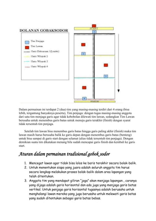 Anggota tim yang mendapat giliran “jaga” akan menjaga lapangan , caranya yang dijaga adalah garis horisontal dan ada juga yang menjaga garis batas vertikal. Untuk penjaga garis horisontal tugasnya adalah berusaha untuk menghalangi lawan mereka yang juga berusaha untuk melewati garis batas yang sudah ditentukan sebagai garis batas bebas.