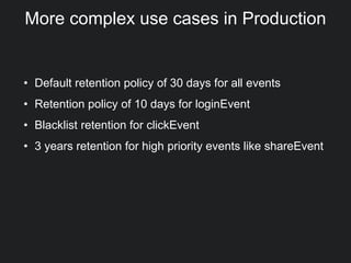 More complex use cases in Production
• Default retention policy of 30 days for all events
• Retention policy of 10 days for loginEvent
• Blacklist retention for clickEvent
• 3 years retention for high priority events like shareEvent
 